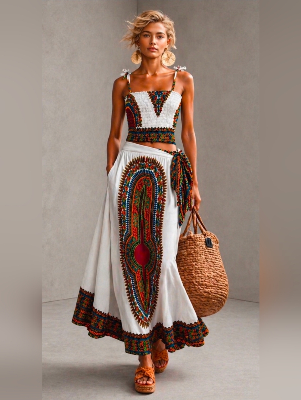 Handmade Multicolor African Print Two-Piece Maxi Skirt Set Small NEW